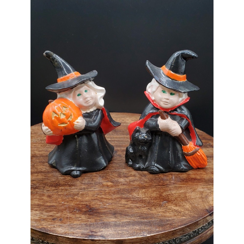 Vintage Lot of 2 Halloween Ceramic Witch Figures 4" Hand Painted Collectibles
